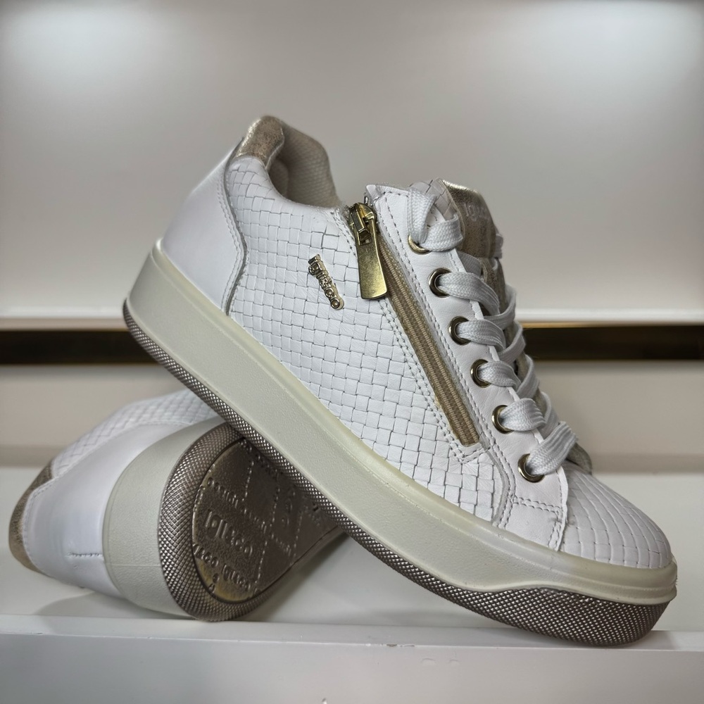 Igi & Co White Woven Leather Platform Sneakers Zip Side Gold Accents Sz Womens 7 - Picture 4 of 16